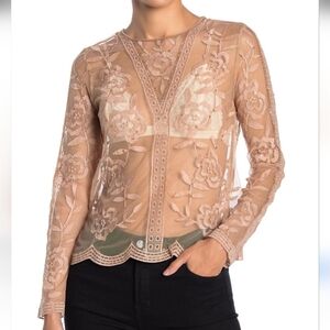 EUC Honey Punch Sheer Floral Embroidered Lace Top Long Sleeve